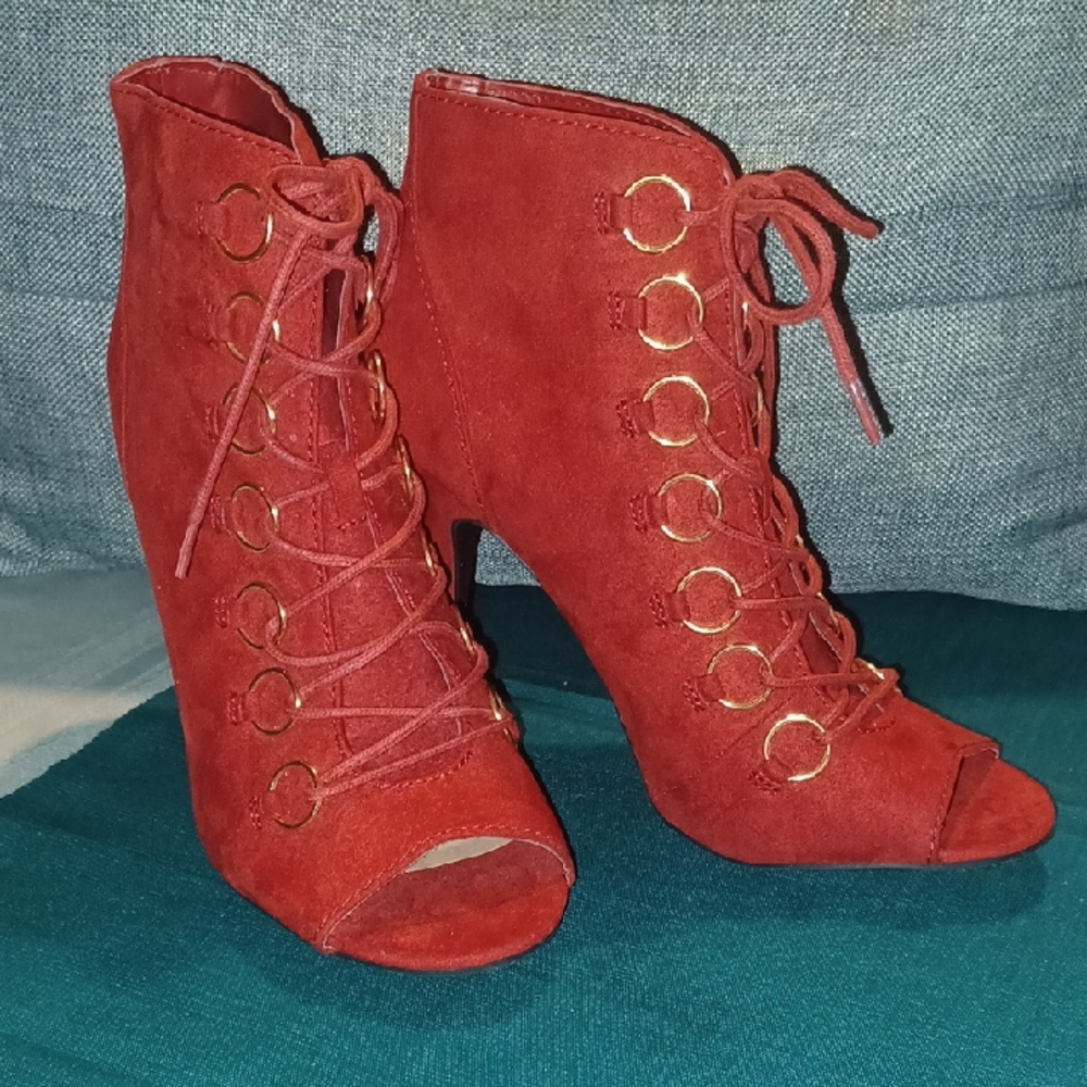 Red Suede Lace-Up Bootie Boots